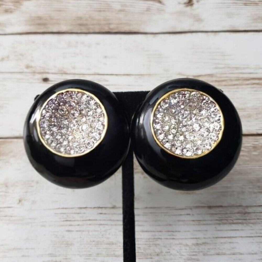 Vintage Essex Clip On Earrings Statement Gold Tone & Black Circle, Clear Gems